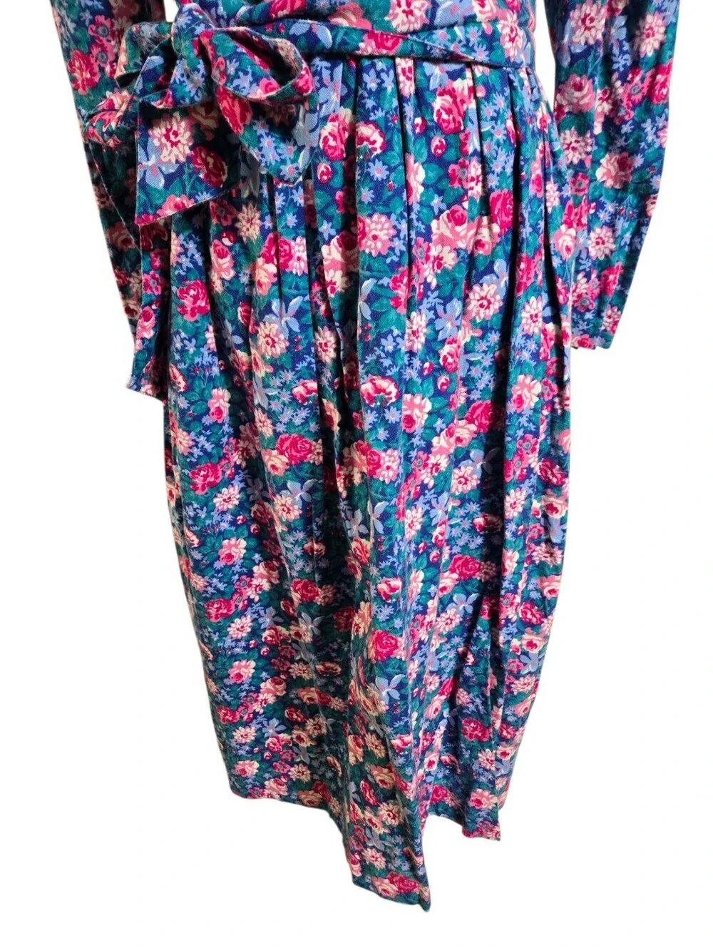 Laura Ashley Vintage Blue Floral Long Sleeve Midi Dress with Corduroy Collar